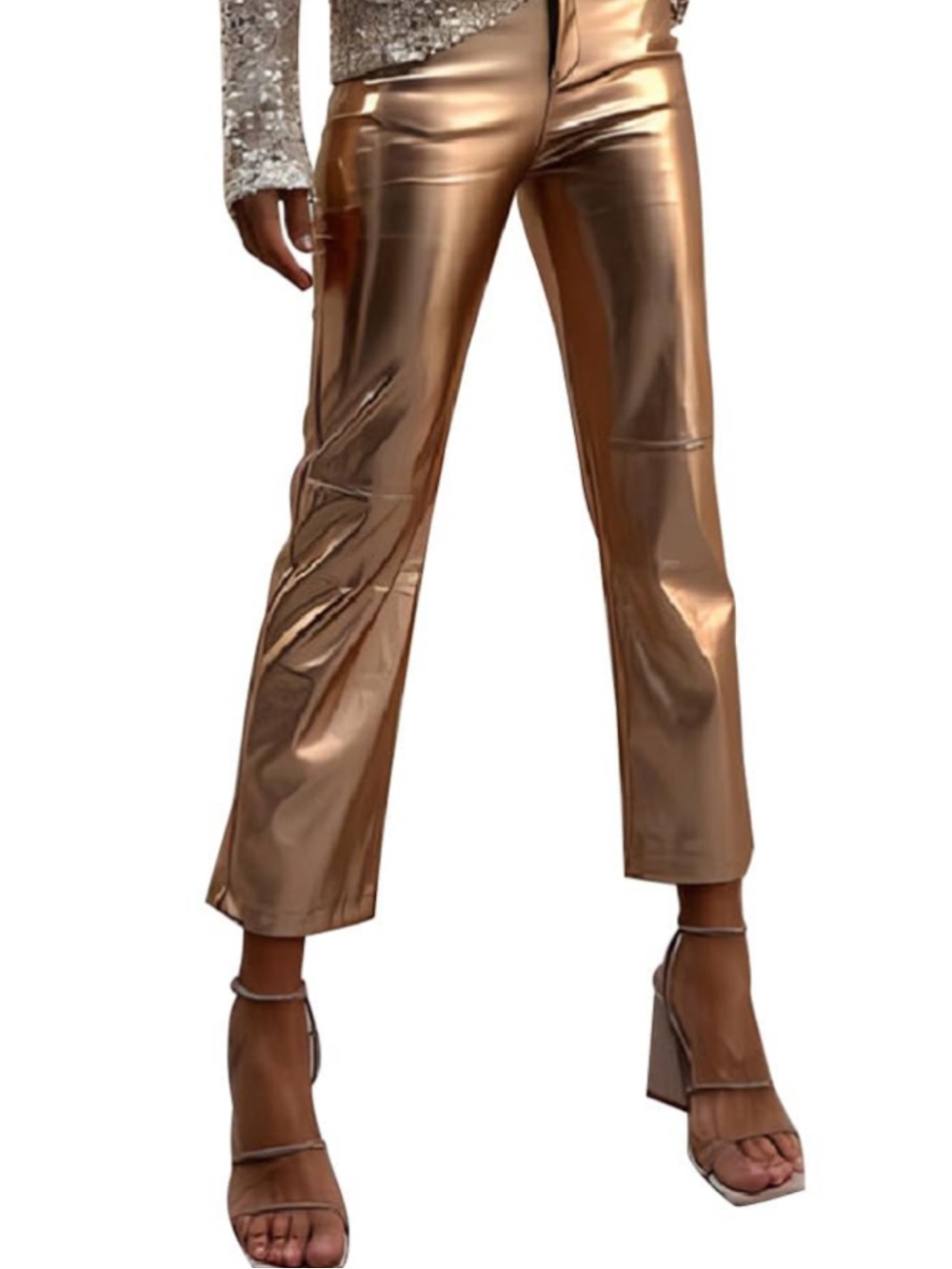 NWT Metallic Gold Copper Faux Leather Straight-Leg Cropped Rave Pants